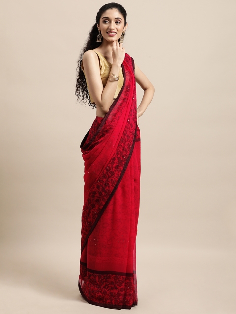 

Triveni Red Floral Sequinned Pure Chiffon Saree