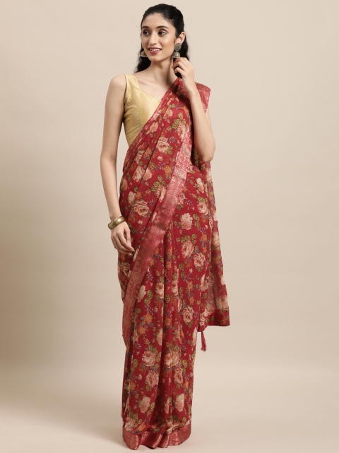 

Triveni Red Floral Zari Pure Georgette Saree