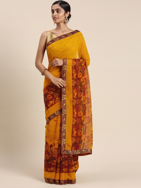 

Triveni Yellow Floral Zari Pure Georgette Saree