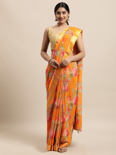 

Triveni Orange Floral Zari Pure Georgette Saree