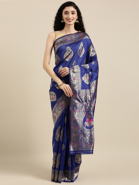 

Triveni Blue & Gold-Toned Woven Design Zari Art Silk Baluchari Saree