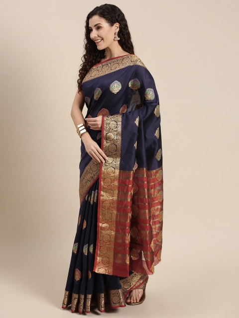 

Triveni Purple Ethnic Motifs Zari Silk Blend Paithani Saree