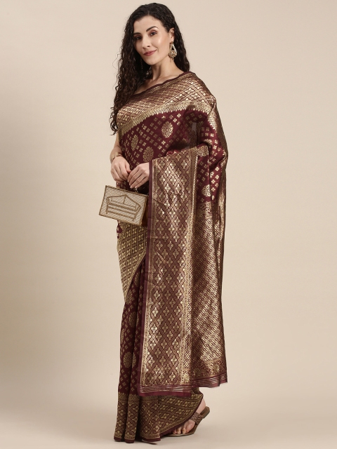 

Triveni Maroon Ethnic Motifs Zari Silk Blend Saree