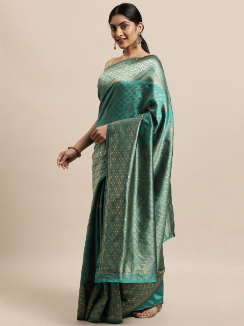 

Triveni Teal Ethnic Motifs Zari Silk Blend Saree
