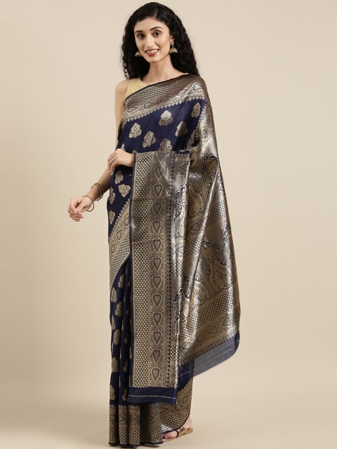 

Triveni Navy Blue & Gold-Toned Woven Design Zari Silk Blend Saree