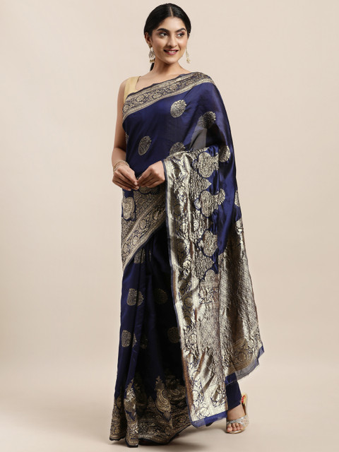 

Triveni Navy Blue Ethnic Motifs Zari Silk Blend Saree