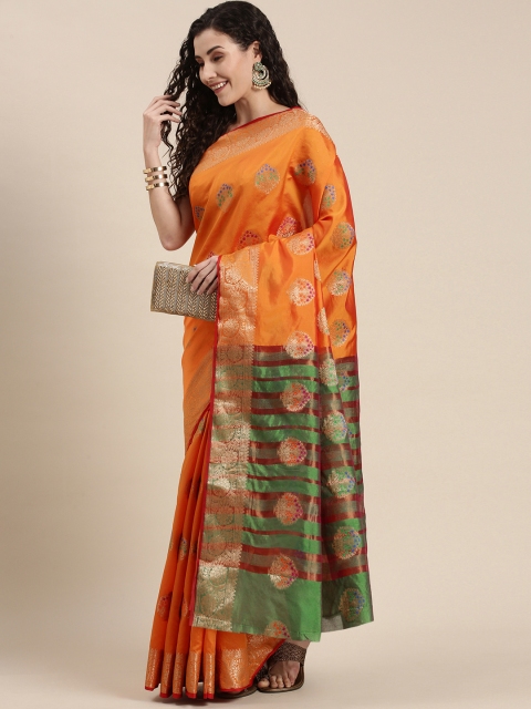 

Triveni Orange & Green Ethnic Motifs Zari Silk Blend Paithani Saree