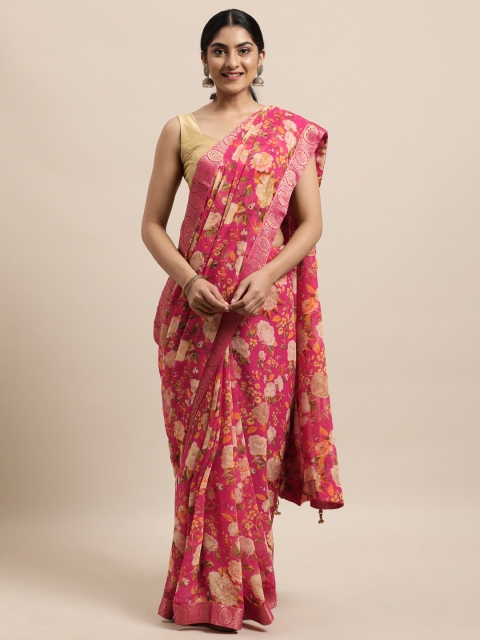 

Triveni Pink Floral Zari Pure Georgette Saree