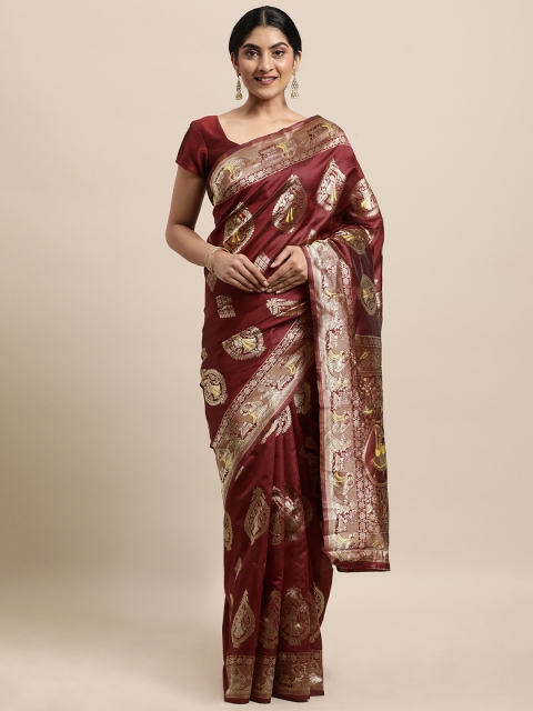 

Triveni Maroon Ethnic Motifs Zari Art Silk Baluchari Saree