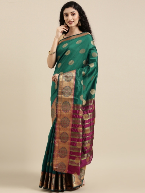 

Triveni Green & Pink Woven Design Zari Silk Blend Paithani Saree