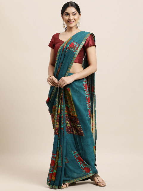 

Triveni Blue Ethnic Motifs Zari Pure Georgette Saree