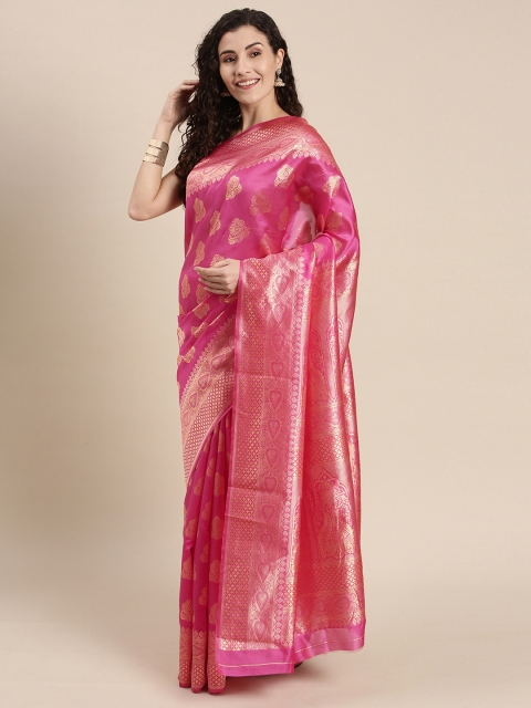 

Triveni Pink Ethnic Motifs Zari Silk Blend Saree