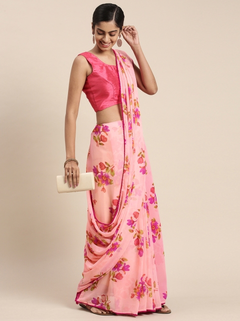 

Triveni Pink Floral Pure Georgette Saree