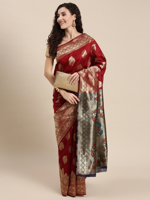 

Triveni Red Ethnic Motifs Zari Silk Blend Paithani Saree