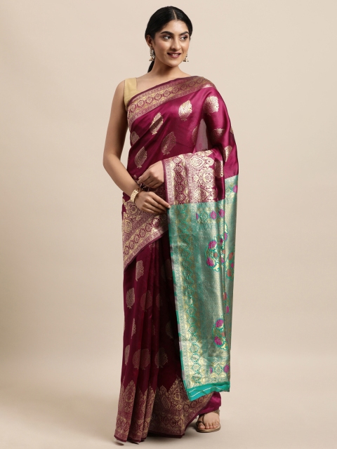 

Triveni Magenta & Green Ethnic Motifs Zari Silk Blend Paithani Saree