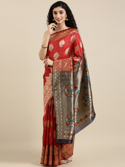 

Triveni Red & Navy Blue Woven Design Zari Silk Blend Paithani Saree