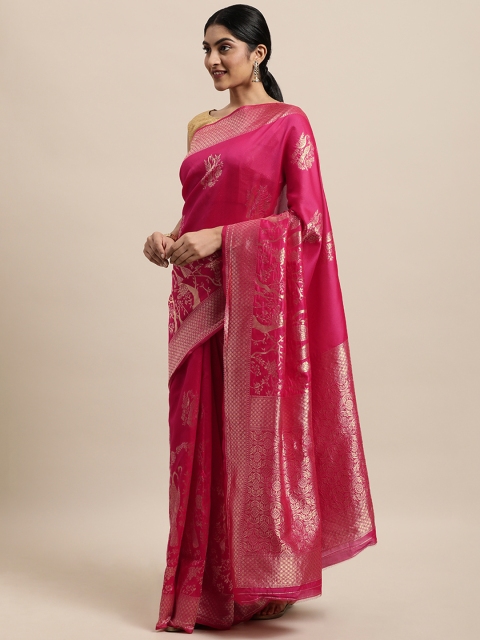 

Triveni Pink & Gold-Toned Ethnic Motifs Zari Pure Silk Saree