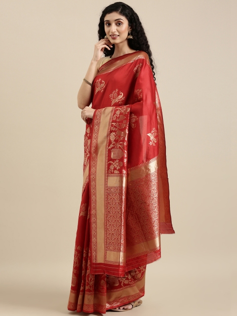 

Triveni Red Floral Zari Pure Silk Saree