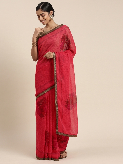 

Triveni Red Floral Beads and Stones Pure Chiffon Saree