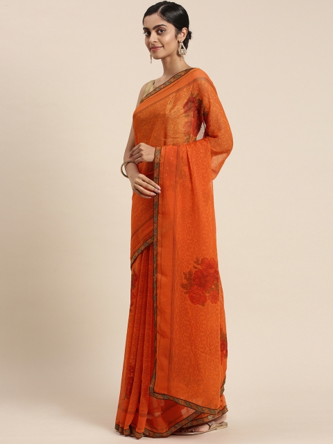 

Triveni Orange Floral Beads and Stones Pure Chiffon Saree