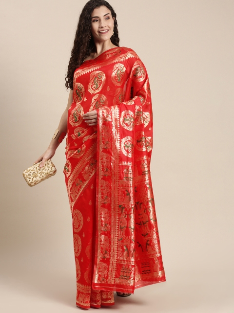 

Triveni Red Ethnic Motifs Zari Art Silk Baluchari Saree