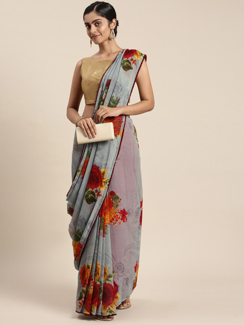 

Triveni Grey Floral Pure Georgette Saree