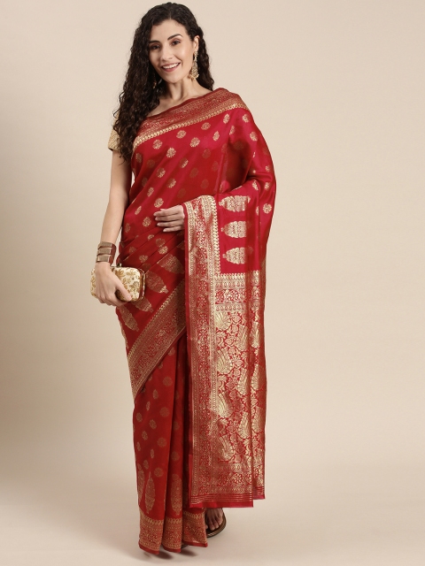 

Triveni Red Ethnic Motifs Zari Silk Blend Paithani Saree