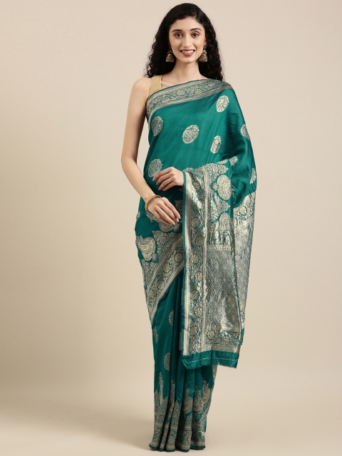 

Triveni Green & Gold-Toned Woven Design Zari Silk Blend Saree