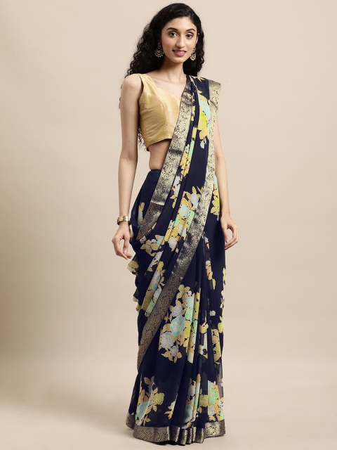 

Triveni Navy Blue Floral Zari Pure Georgette Saree