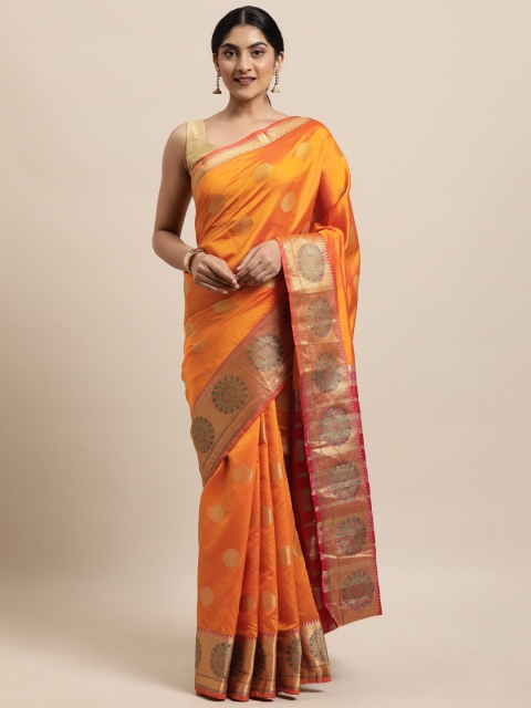 

Triveni Orange & Red Ethnic Motifs Zari Silk Blend Paithani Saree