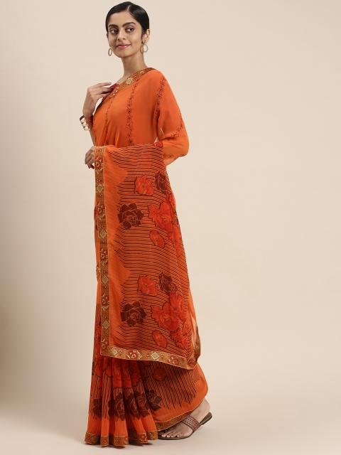 

Triveni Orange Floral Pure Georgette Saree