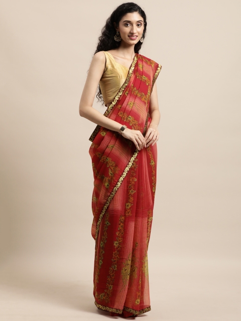 

Triveni Red Floral Zari Pure Georgette Saree