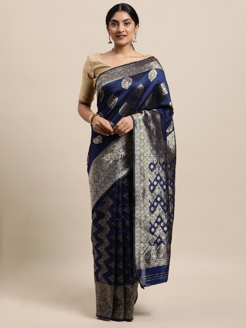 

Triveni Blue & Gold-Toned Ethnic Motifs Zari Art Silk Paithani Saree