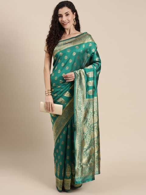 

Triveni Teal Ethnic Motifs Zari Silk Blend Paithani Saree