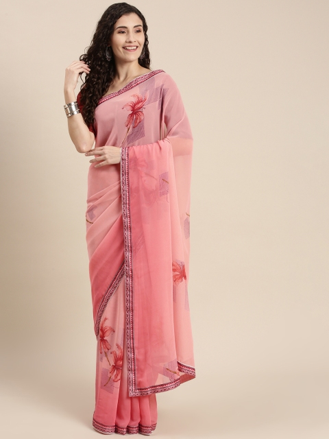 

Triveni Pink Floral Pure Georgette Saree