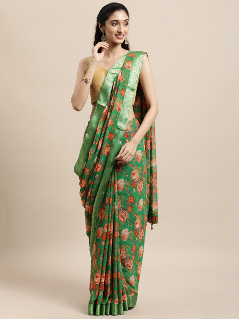 

Triveni Green Floral Pure Georgette Saree