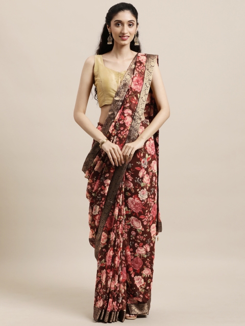 

Triveni Brown Floral Zari Pure Georgette Saree