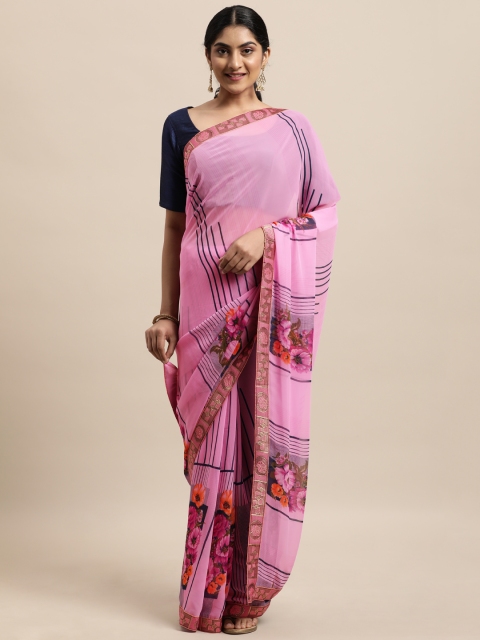 

Triveni Pink Floral Pure Georgette Saree