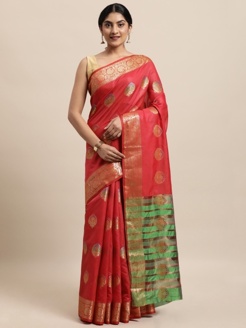 

Triveni Red & Green Ethnic Motifs Zari Silk Blend Paithani Saree