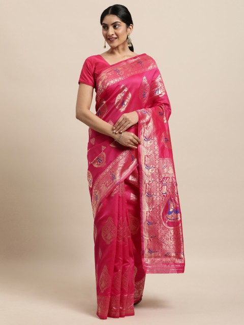 

Triveni Pink Ethnic Motifs Zari Art Silk Baluchari Saree