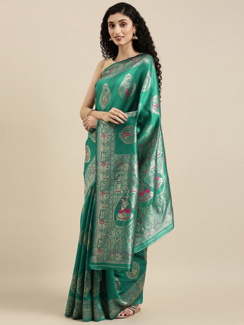 

Triveni Green & Gold-Toned Woven Design Zari Art Silk Baluchari Saree