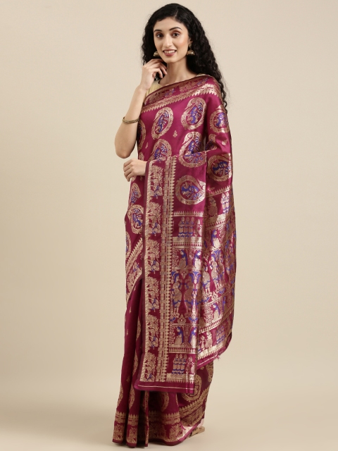 

Triveni Magenta Ethnic Motifs Zari Art Silk Baluchari Saree