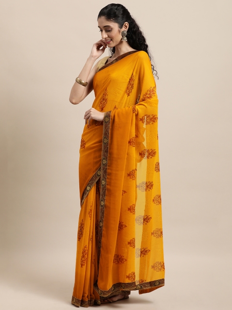 

Triveni Mustard Ethnic Motifs Sequinned Pure Georgette Saree