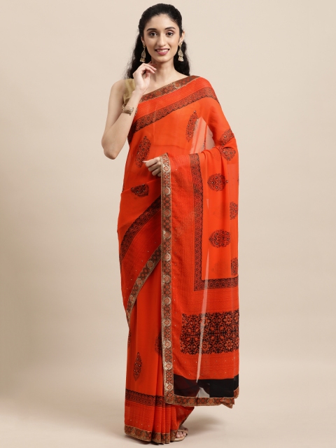 

Triveni Orange Ethnic Motifs Sequinned Pure Georgette Saree