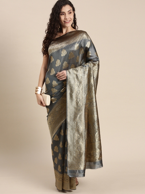 

Triveni Grey Ethnic Motifs Zari Silk Blend Saree