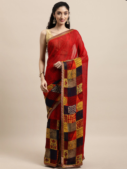 

Triveni Red Ethnic Motifs Saree
