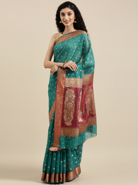 

Triveni Teal Ethnic Motifs Zari Pure Cotton Paithani Saree
