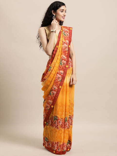 

Triveni Yellow Floral Pure Georgette Saree