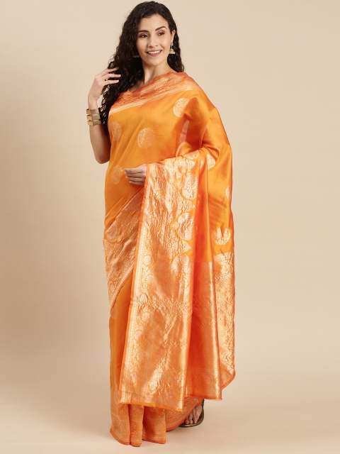 

Triveni Orange Ethnic Motifs Zari Silk Blend Saree