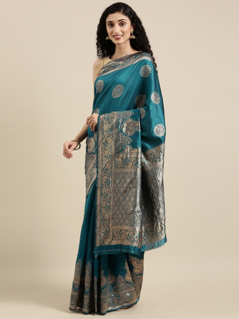 

Triveni Turquoise Blue Ethnic Motifs Zari Silk Blend Saree